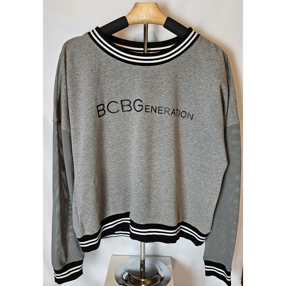 BCBG Generation Women’s Gray Black Terry Mesh Sweatshirt Long Sleeve Top Size XL